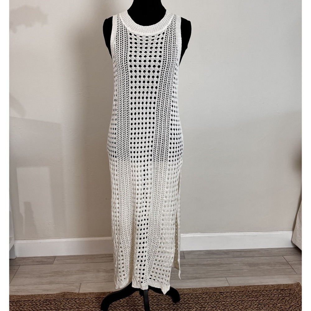 Women's Small Mesh Long Sleevelss Crochet Tank Dress for Swimwear Beige Cream